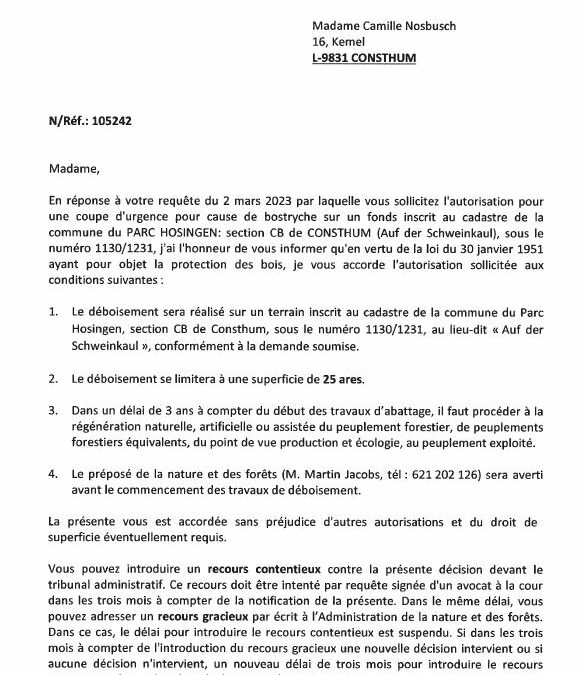 Notification de decision pour le dossier 105242 : Coupe d’urgence pour cause de bostryche – Auf der Schweinkaul