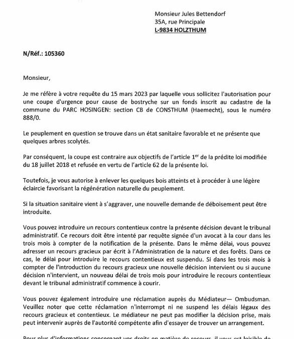 Notification de decision pour le dossier 105360 : Coupe d’urgence pour cause de bostryche – Haemecht