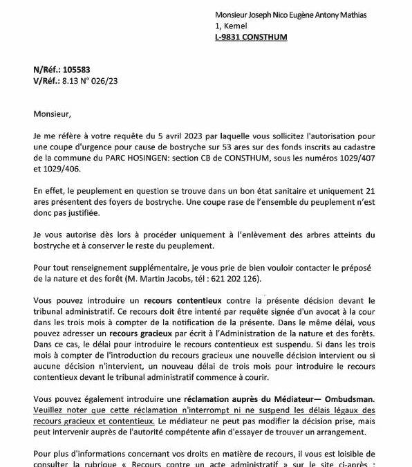Notification de decision pour le dossier 105583 : Coupe d’urgence pour cause de bostryche – Pafenbour
