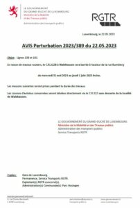 Avis RGTR - Pas de desserte de la localité de Wahlhausen, le 31 mai et le 1er juin 2023