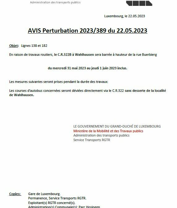 Avis RGTR – Pas de desserte de la localité de Wahlhausen, le 31 mai et le 1er juin 2023