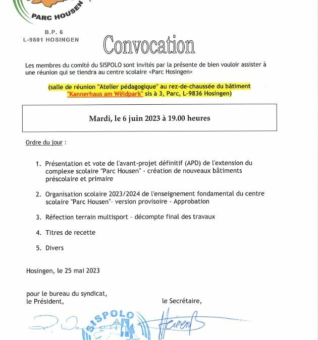 Convocation – Réunion du comité du Sispolo, le mardi 6 juin 2023