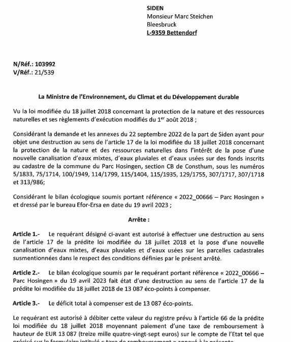 Notification de decision pour le dossier 103992 : Travaux de canalisation a Consthum et abattage d’arbres
