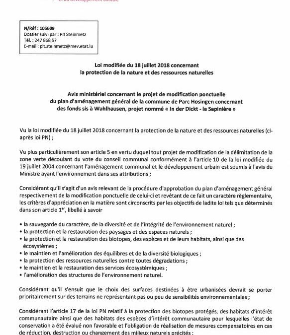 Notification de decision pour le dossier 105609-M : Modification ponctuelle du PAG Parc Hosingen concernant des fonds sis a Wahlhausen – « La Sapiniere »art 5