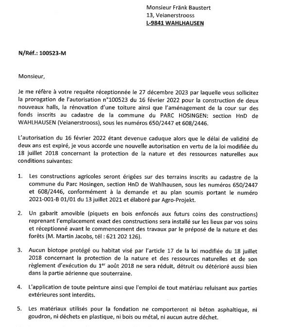 Notification de decision pour le dossier 100523-M : Demolition et construction de nouveaux entrepots / Prolongation (16/02/2022)