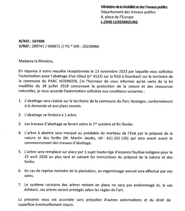 Notification de decision pour le dossier 107406 : abattage d’un tilleul sur la N10 a Eisenbach