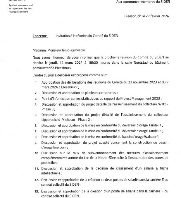 Convocation – Réunion du comité du Siden, le 13 mars 2024