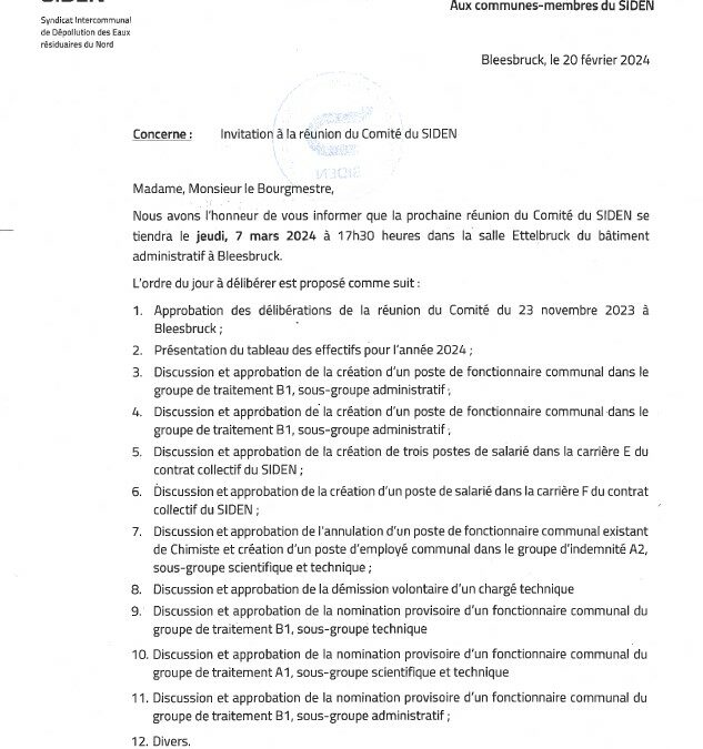Convocation – Réunion du comité du SIDEN du 7 mars 2024