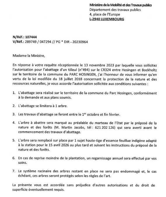 Notification de decision pour le dossier 107444 : Abattage d’un tilleul (no. 494) sur le CR324 entre Hosingen et Bockholtz (PR 11,00+502)