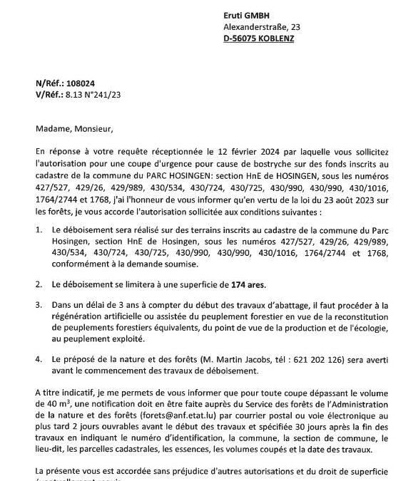 Notification de decision pour le dossier 108024 : Coupe d’urgence pour cause de Bostryche – Om Hohnicht
