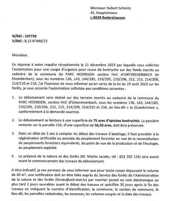 Notification de decision pour le dossier 107739 : Coupe d’urgence pour cause de Bostryche – In Etzenbirchen