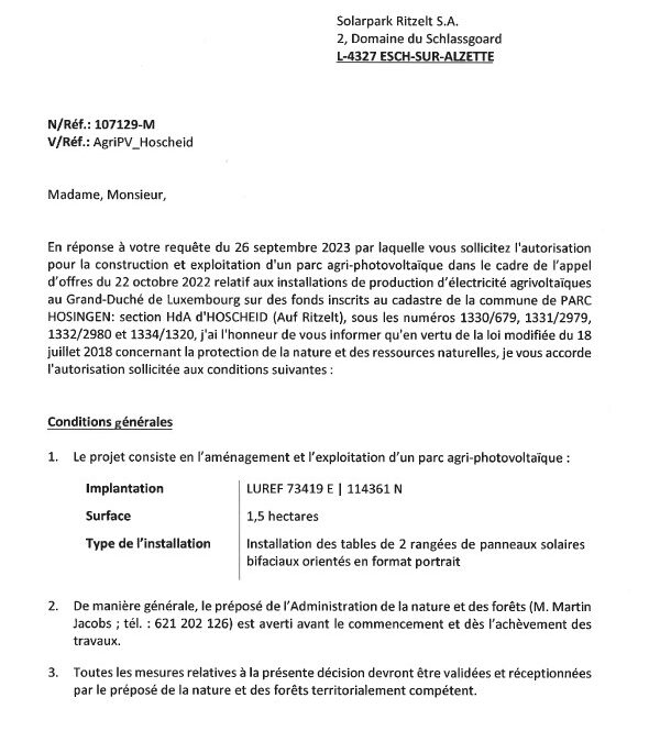 Notification pour le dossier 107129-M – Autorisation pour la construction et l’exploitation d’un parc photovoltaïque à Hoscheid (Auf Ritzelt)