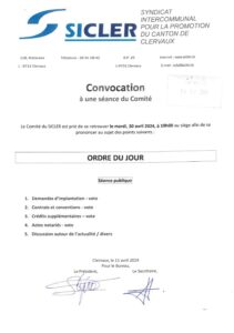 Convocation - Réunion du comité du Sicler, le 30 avril 2024