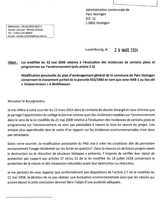 Modification ponctuelle du PAG concernant le classement partiel de la parcelle 610/2483 en tant que zone HAB-1 au lieu-dit « Veianerstrooss » à Wahlhausen – Avis relatif à l’évaluation des incidences environnementales