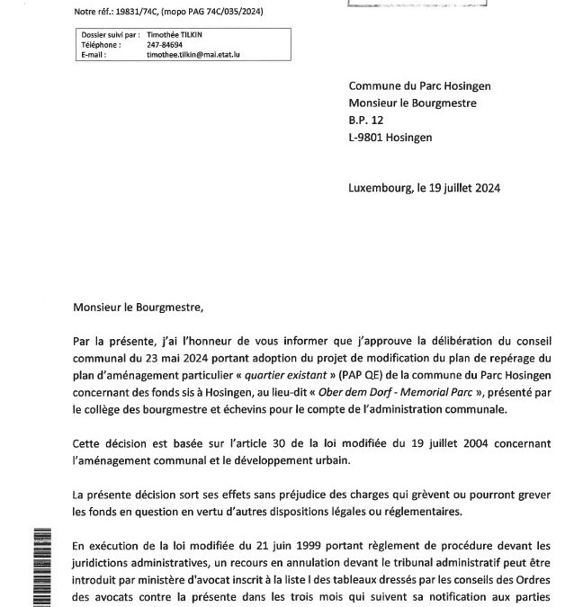 Avis au public – Approbation ministérielle du projet de modification ponctuelle du PAP-QE au lieu-dit « Ober dem Dorf » à Hosingen (MAINT)