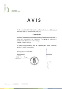 Avis au public - Demande d'autorisation portant sur la gestion des eaux dans le cadre de la construction et de l'exploitation d'un garage de réparation et d'entretien de véhicules avec atelier à Hosingen (Pint Bau Sàrl.)