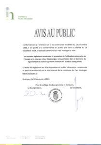 Avis au public - Nouveau règlement communal concernant la promotion de l'utilisation rationnelle de l'énergie et la mise en valeur des énergies renouvelables dans le domaine du logement et de l'aménagement extensif des espaces verts privés