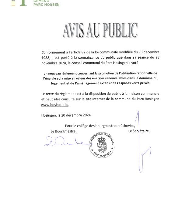 Avis au public – Nouveau règlement communal concernant la promotion de l’utilisation rationnelle de l’énergie et la mise en valeur des énergies renouvelables dans le domaine du logement et de l’aménagement extensif des espaces verts privés