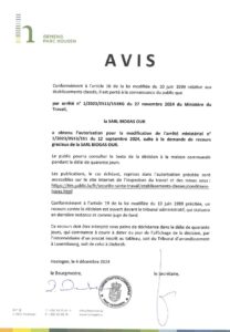 Avis au public - Autorisation pour la modification de l'arrêté ministériel no. 1/2023/0513/151 du 12 septembre 2024 suite à une demande de recours en gracieux (Biogas Our Sàrl.)