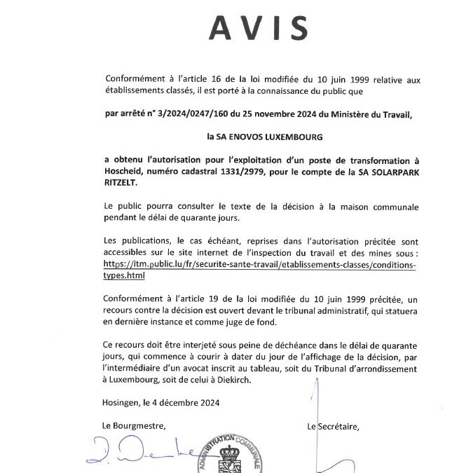 Avis au public – Autorisation pour l’exploitation d’un poste de transformation à Hoscheid (no. cadastral 131/2979) pour le compte de la « Solarpark Ritzelt S.A. » (Enovos Luxembourg)