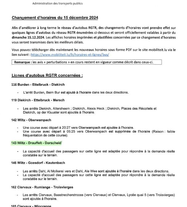 RGTR – Changement d’horaires du 15 décembre 2024