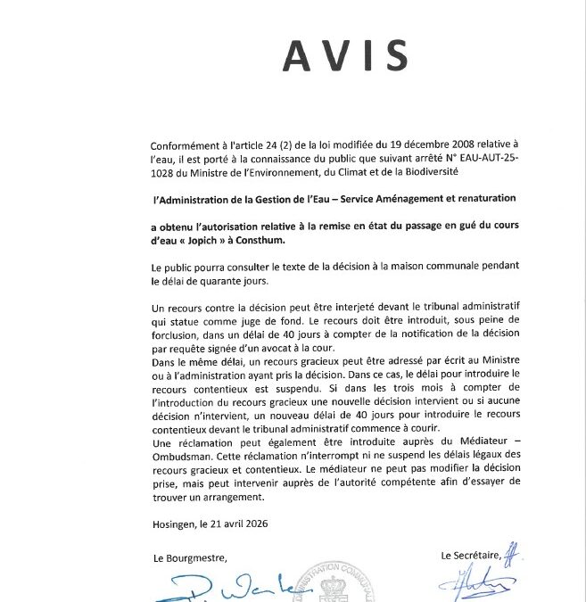 Avis au public – Autorisation relative à la remise en état du passage en gué du cours d’eau “Jopich” à Consthum (Administration de la gestion de l’eau)