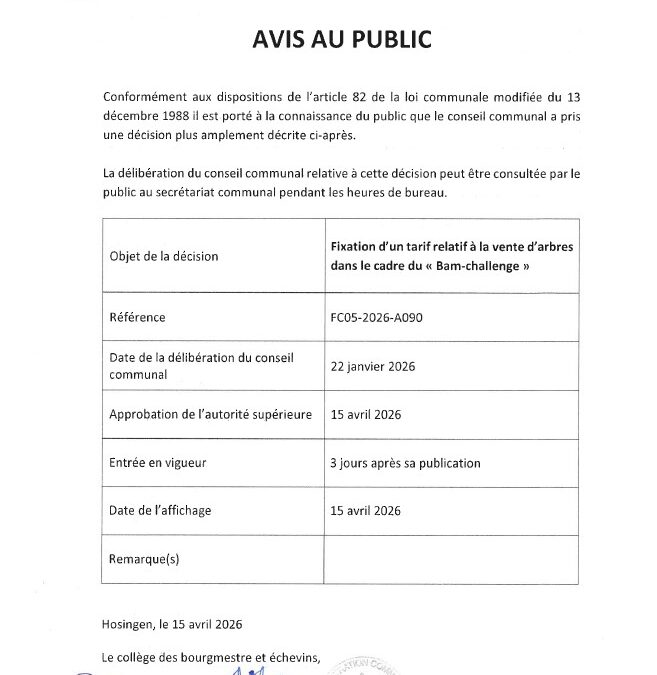 Avis au public – Fixation d’un tarif relatif à la vente d’arbres dans le cadre du “Bam Challenge”