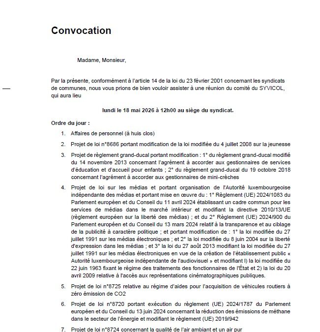 Convocation – Réunion du comité du Syvicol, le 18 mai 2026