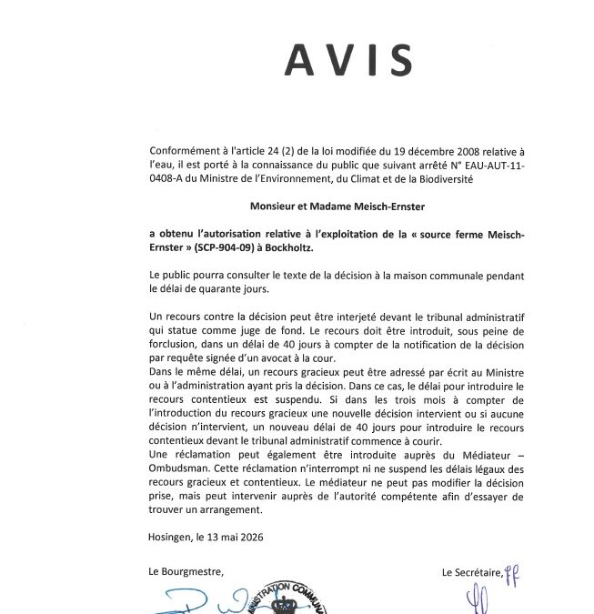 Avis au public – Autorisation relative à l’exploitation de la “source ferme Meisch-Ernster” à Bockholtz
