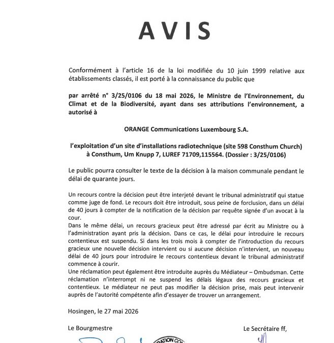 Avis au public – Autorisation relative à l’exploitation d’un site d’installations radiotechniques à Consthum, Um Knupp (Orange Communication Luxembourg S.A.)