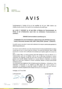 Avis au public - Autorisation relative à l'exploitation d'un site d'installations radiotechniques à Dorscheid, Lehmkaul (Orange Communications Luxembourg S.A.)