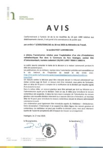 Avis au public - Autorisation relative à l'exploitation d'un site d'installations radioélectriques fixe dans la Commune du Parc Hosingen, section HnC d'Untereisenbach (Post Luxembourg)