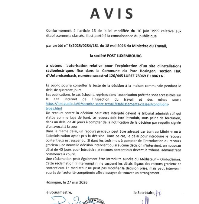 Avis au public – Autorisation relative à l’exploitation d’un site d’installations radioélectriques fixe dans la Commune du Parc Hosingen, section HnC d’Untereisenbach (Post Luxembourg)