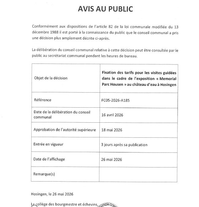 Avis au public – Fixation des tarifs pour les visites guidées dans le cadre de l’exposition “Memorial Parc Housen” au château d’eau de Hosingen