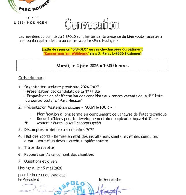 Convocation – Réunion du comité du Sispolo, le 2 juin 2026