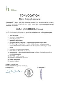 Convocation - Séance du conseil communal de la Commune du Parc Hosingen, le 18 juim 2026