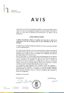 Avis au public - Autorisation relative à la gestion des eaux dans le cadre de la construction d'un hall de stockage dans la zone d'activités Op der Héi à Hosingen (B Medical Systems)