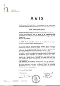 Avis au public - Demande d'autorisation relative à l'exploitation d'une cuisine professionnelle, aire de lavage et la modification des installations de froid à Hosingen (Forum pour l'emploi Asbl.)