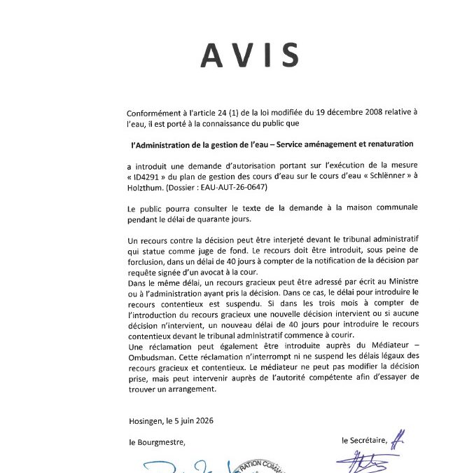 Avis au public – Demande d’autorisation portant sur l’exécution de la mesue “ID429” du plan de gestion des cours d’eau sur le cours d’eau “Schlënner” à Holzthum (Administration de la gestion de l’eau)