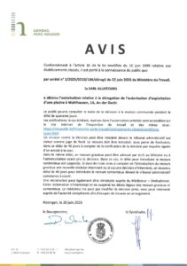 Avis au public - Autorisation relative à la dérogation de l'autorisation d'exploitation d'une piscine à Wahlhausen (Aluxtours Sàrl.)