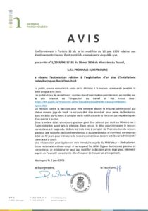 Avis au public - Autorisation relative à l'exploitation d'un site d'installations radioélectriques fixe à Dorscheid (Proximus Luxembourg S.A.)