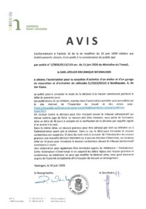 Avis au public - Autorisation relative à la cessation d'activités d'un atelier et d'un garage de réparation et d'entretien de véhicules à Neidhausen (Atelier mécanique Neidhausen Sàrl.)