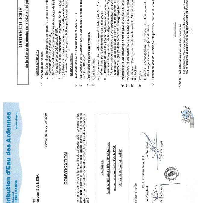 Convocation – Réunion du comité de la DEA, le 16 juillet 2026