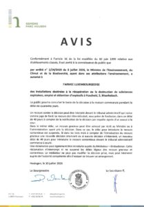 Avis au public - Autorisation relative à des installations destinées à la récupération ou la destruction de substances explosives, emploi et détention d'explosifs à Hoscheid/Markenbach (Armée luxembourgeoise)