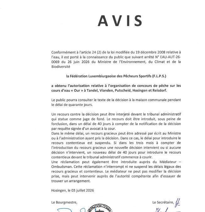Avis au public – Autorisation relative à l’organisation de concours de pêche sur le cours d’eau Our à Tandel, Vianden, Putscheid, Hosingen et Reisdorf (F.L.P.S.)
