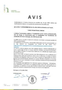 Avis au public - Autorisation relative à l'exploitation d'une cuisine professionnelle et d'une aire de lavage et autorisation pour la modification des installations de production de froid à Hosingen (Forum pour l'Emploi Asbl)