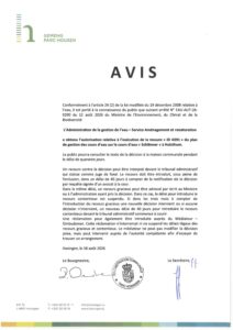 Avis au public - Autorisation relative à l'exécution de la mesure "ID 4291" du plan de gestion des cours d'eau sur le cours d'eau "Schlënner" à Holzthum (AGE)