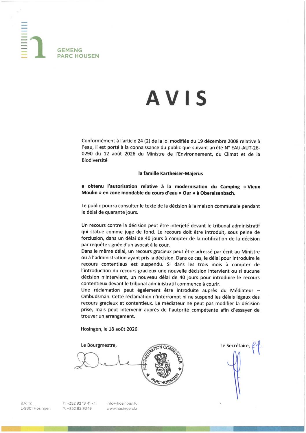 Avis au public – Autorisation relative à la modernisation du « Camping Vieux Moulin » en zone inondable du cours d&rsquo;eau Our à Obereisenbach