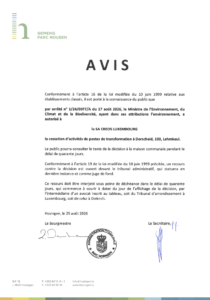 Avis au public - Autorisation relative à la cessation d'activités de postes de transformations à Dorscheid/Lehmkaul (Creos Luxembourg S.A.)