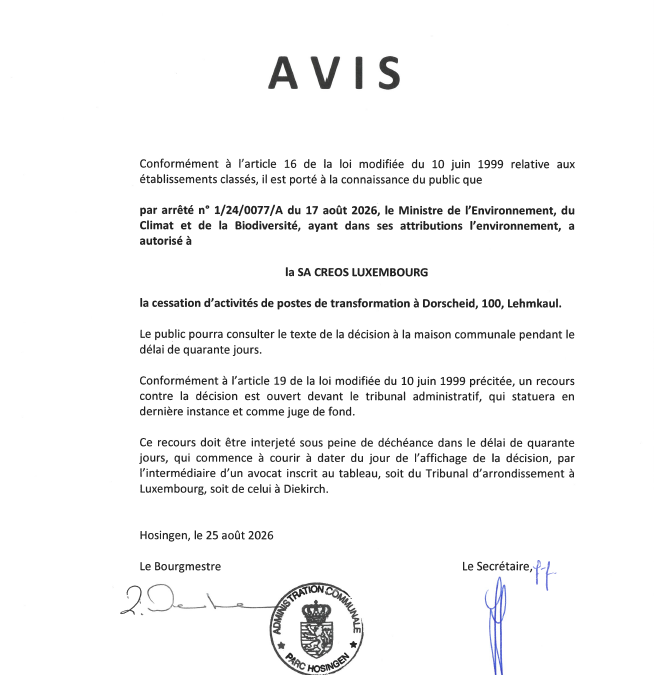 Avis au public – Autorisation relative à la cessation d&rsquo;activités de postes de transformations à Dorscheid/Lehmkaul (Creos Luxembourg S.A.)